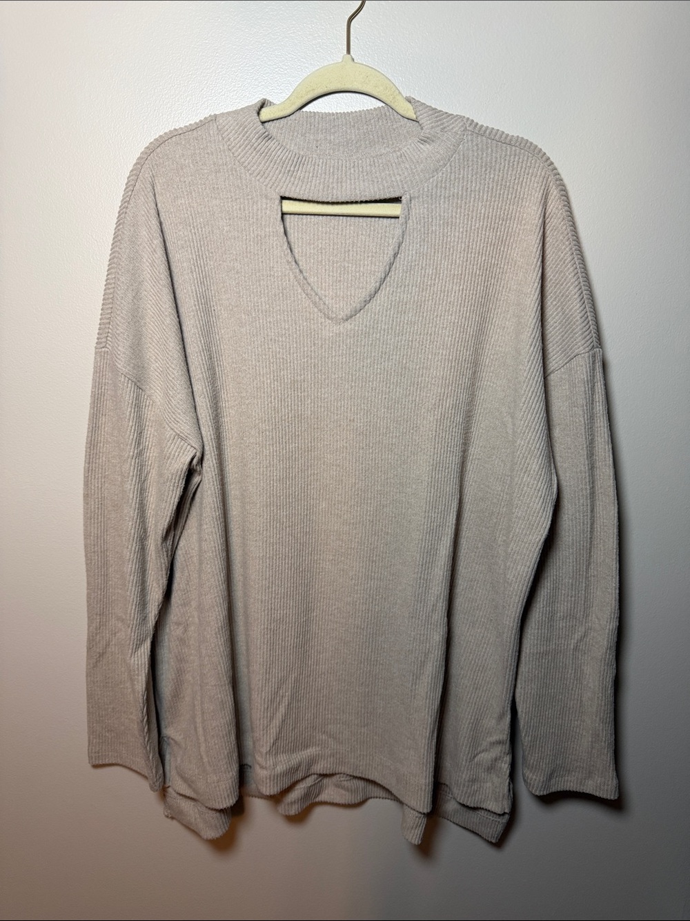Cato Light Taupe Ribbed Cutout Crewneck Sweater 18/20W
